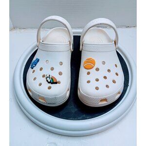 White Crocs Classic Clogs With Jibbitz Charms Tennis Ball Rainbow Design & Car A